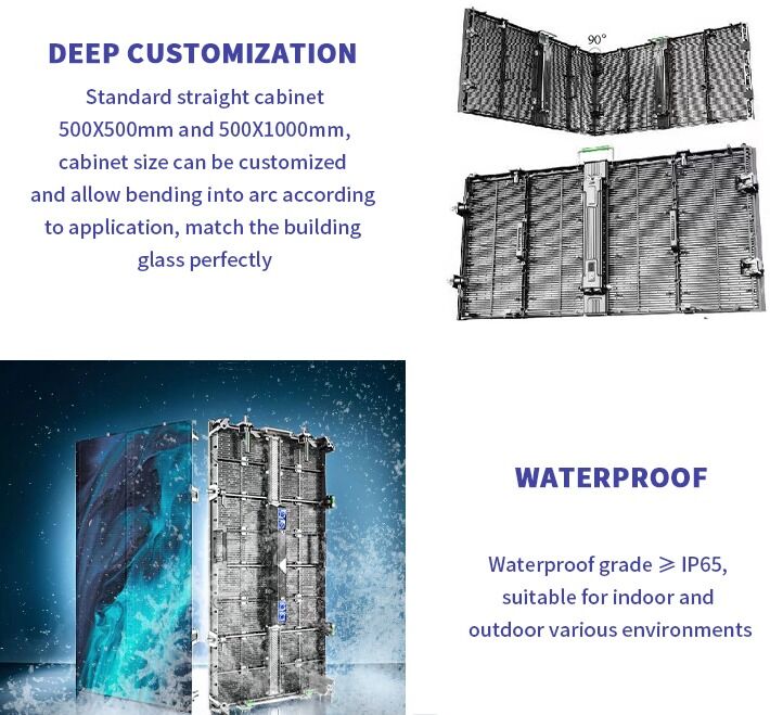 HD LED Transparent Display with 5600 Nits Brightness 500x1000mm Cabinet Size and IP65 Waterproof Rating